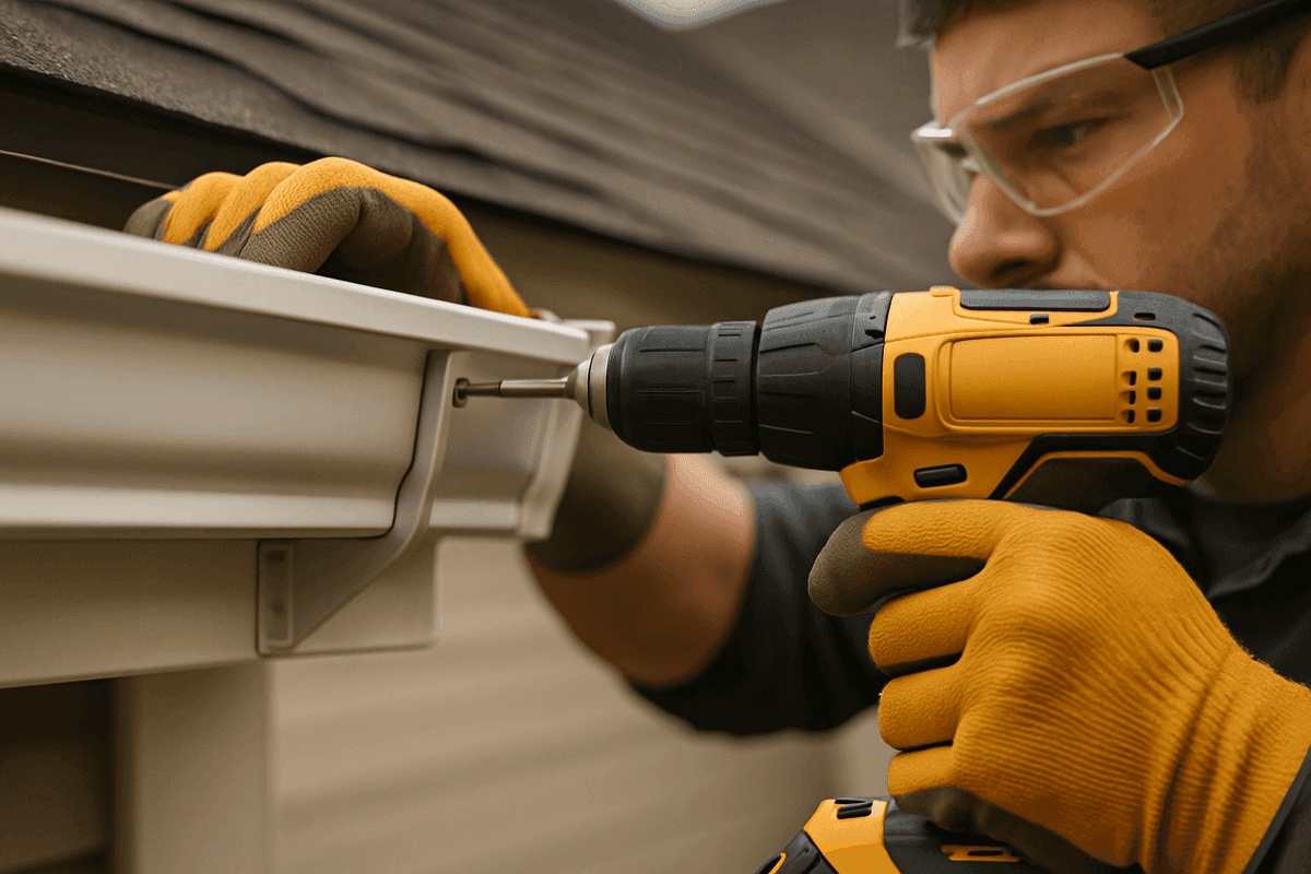 Close-up of gloved hands installing alunum gutter with cordless drill on residential building